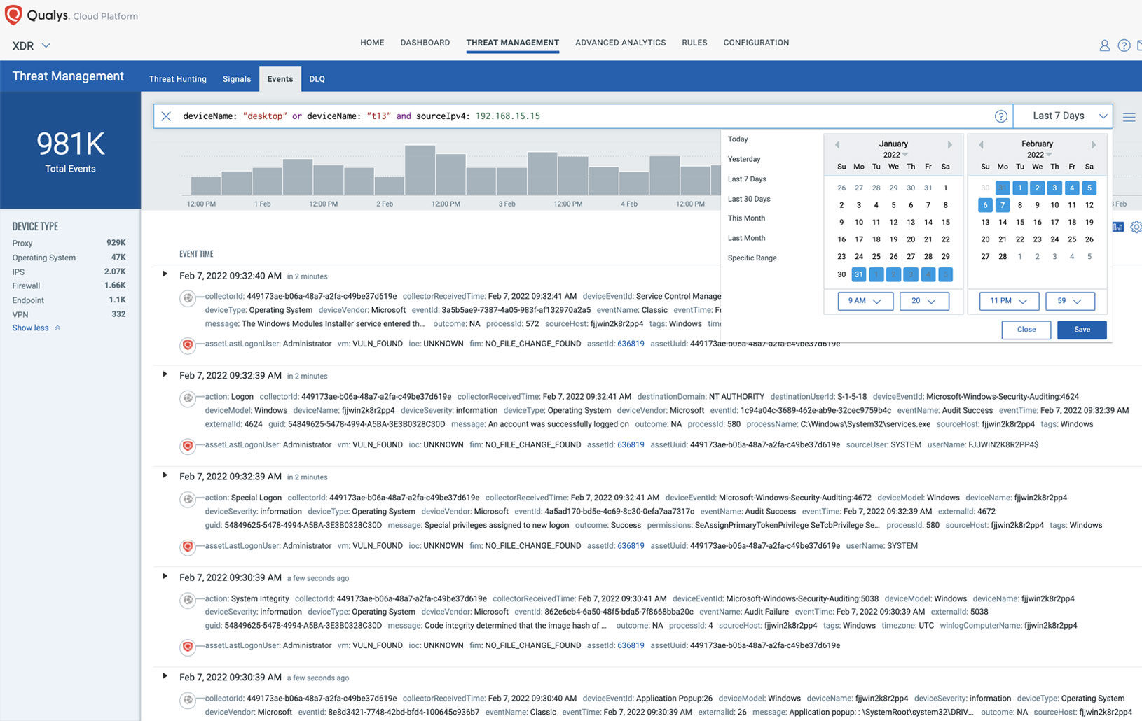 Lista de eventos de gestión de amenazas de Qualys XDR